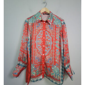 Zara Womens L Satin Long Sleeve Paisley Button Up Shirt Blouse Red